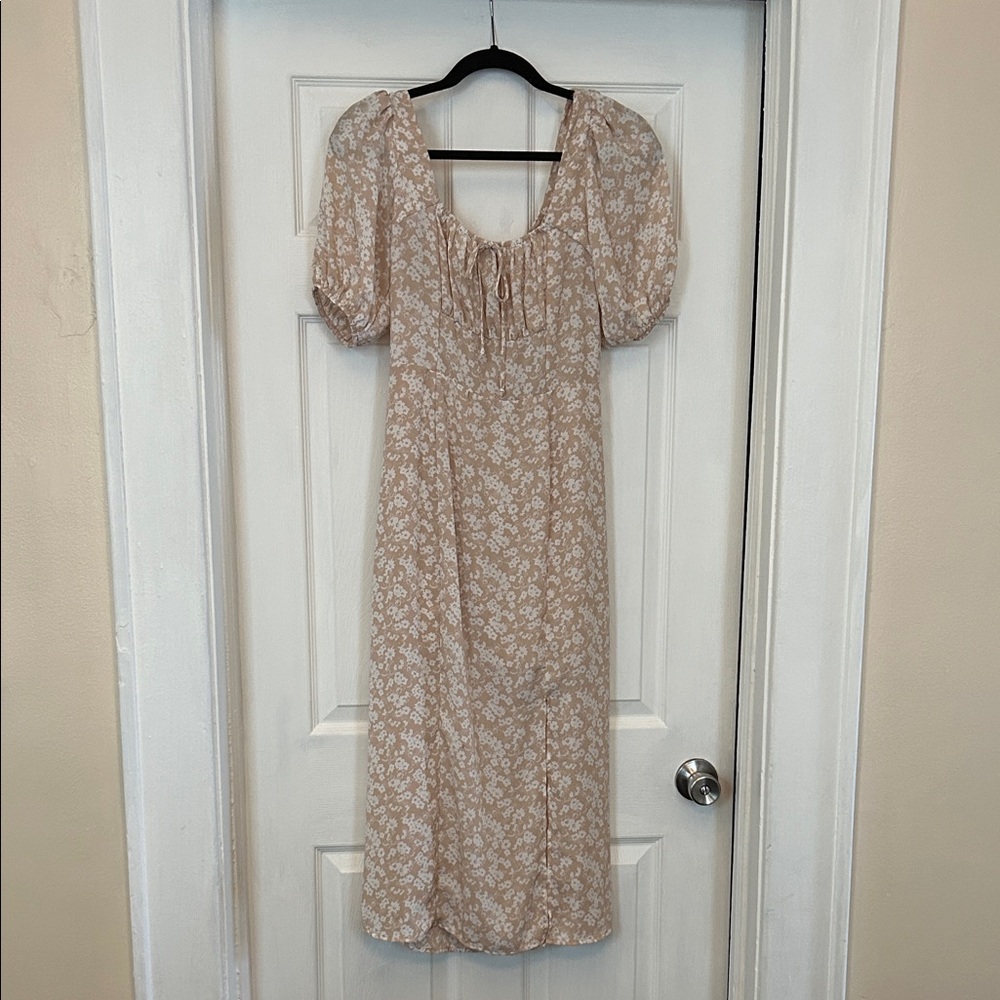 Floral Open Slit Tan Dress